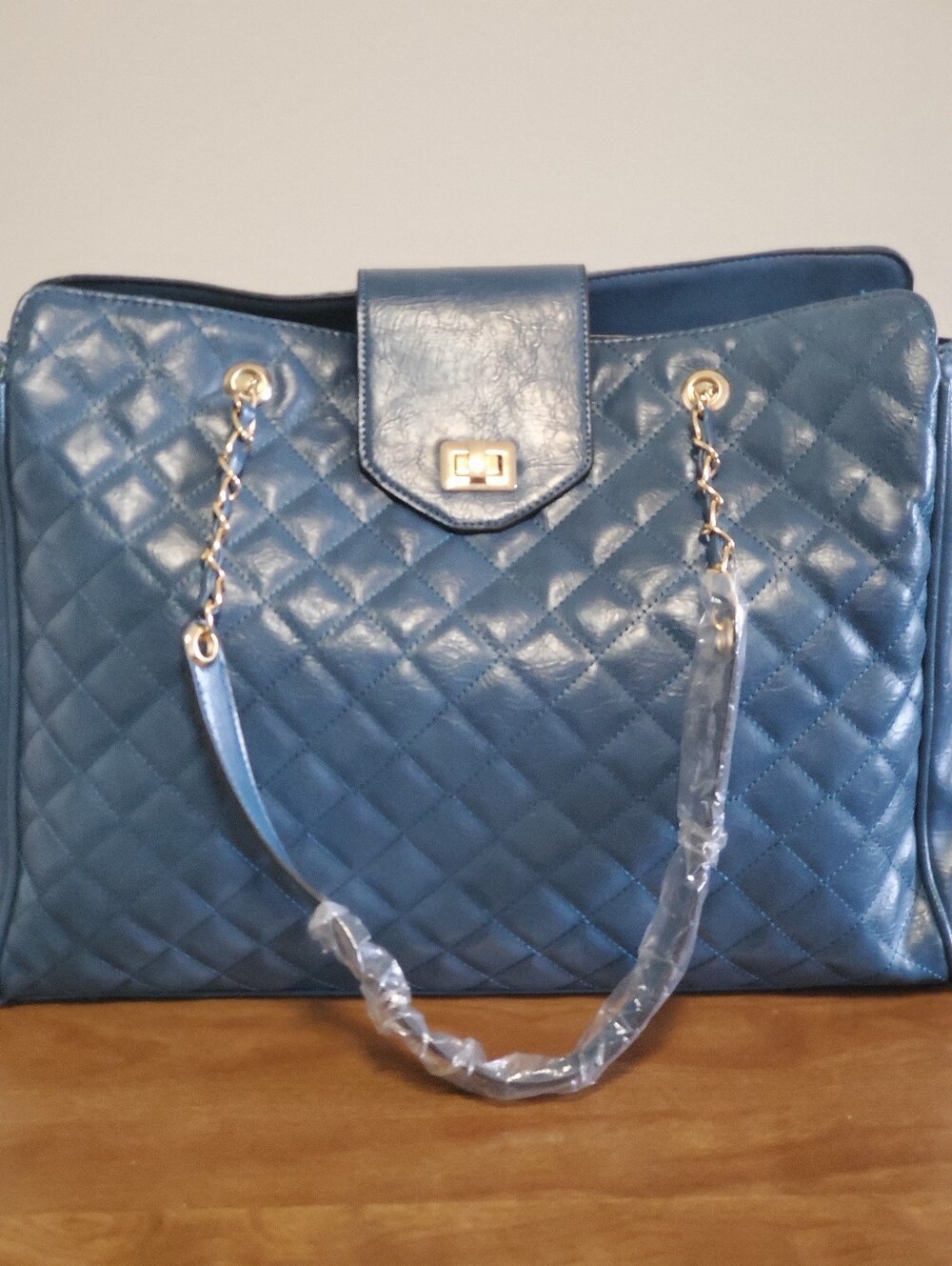 Quilted Blue Leather Tote Bag with Chain Straps